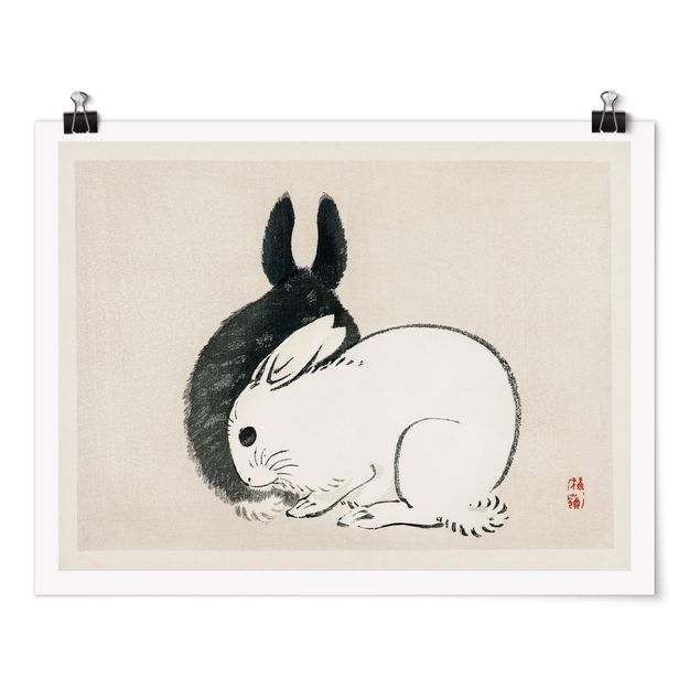 Posters djur Asian Vintage Drawing Two Bunnies