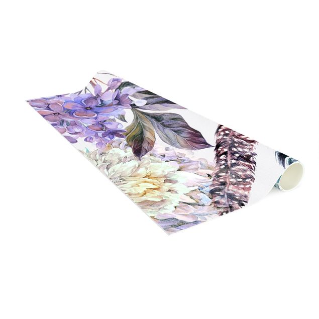 blommiga mattor Delicate Watercolour Boho Flowers And Feathers Pattern