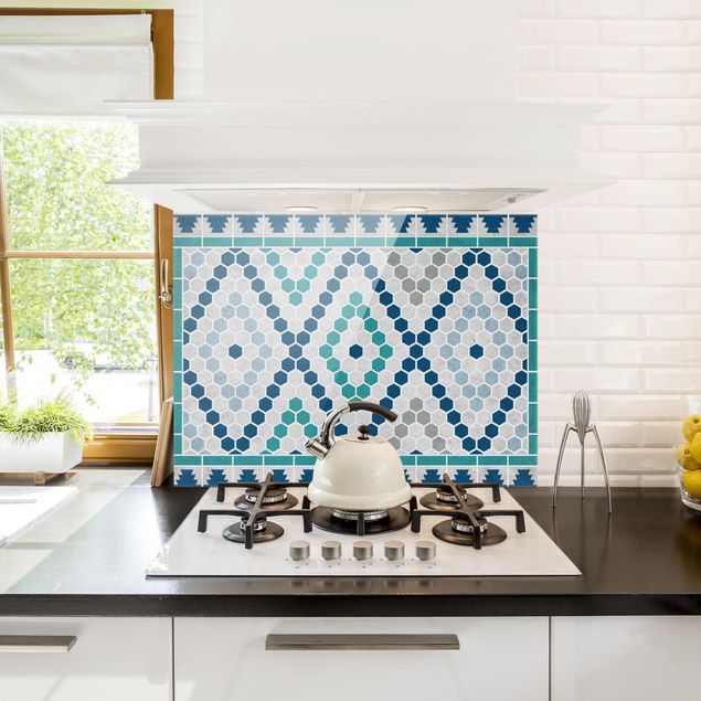 Stänkskydd kök glas mönster Moroccan tile pattern turquoise blue