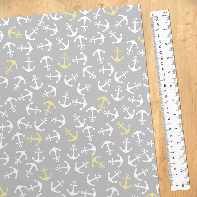 Möbelfolier grått Anchor White Yellow On Grey