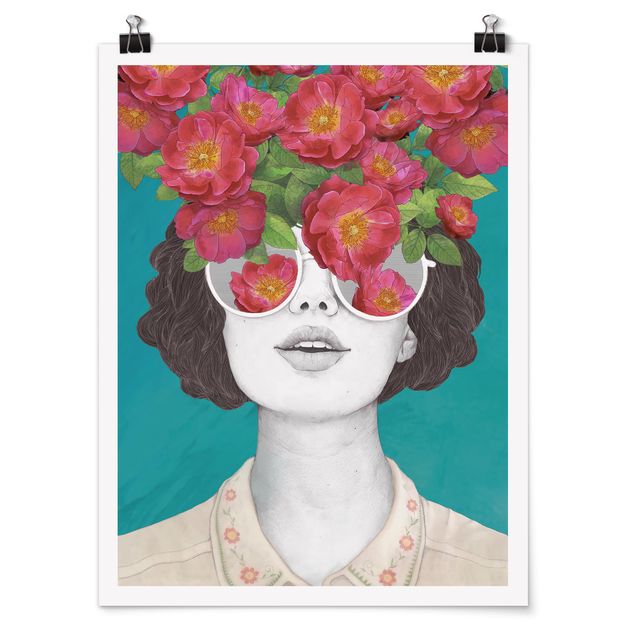 Tavlor porträtt Illustration Portrait Woman Collage With Flowers Glasses