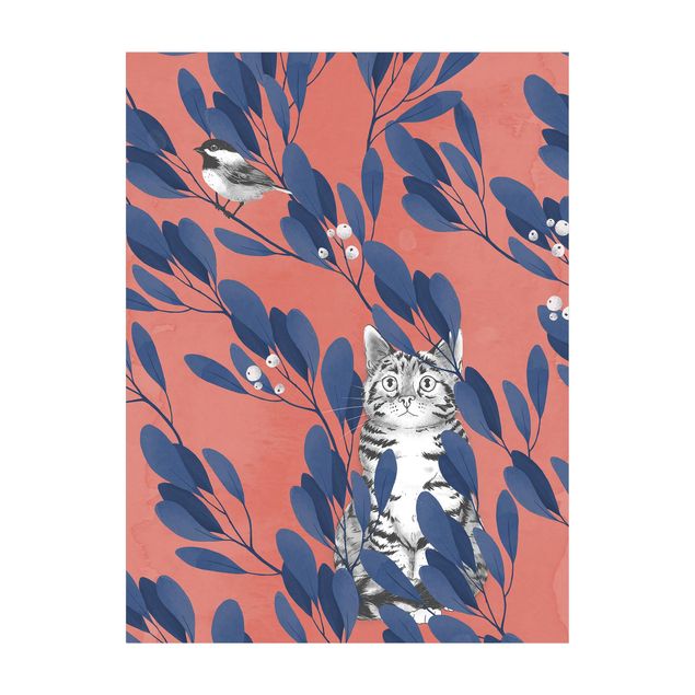 stor badrumsmatta Illustration Cat and Bird On Branch Blue Red