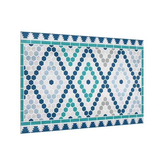 stänkskydd kök glas Moroccan tile pattern turquoise blue