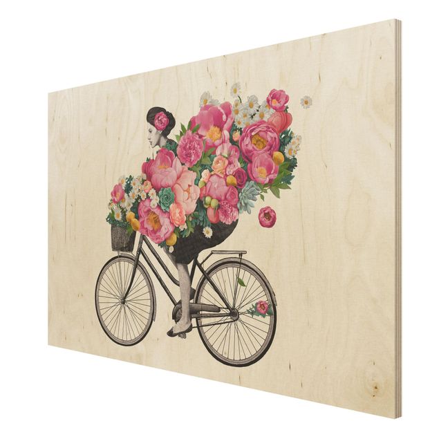 Trätavlor blommor  Illustration Woman On Bicycle Collage Colourful Flowers