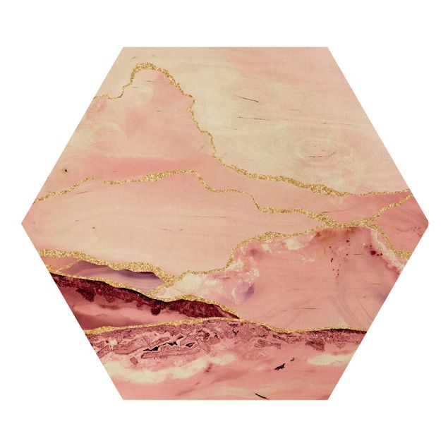 Tavlor abstrakt Abstract Mountains Pink With Golden Lines
