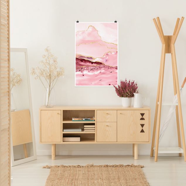 Posters konstutskrifter Abstract Mountains Pink With Golden Lines