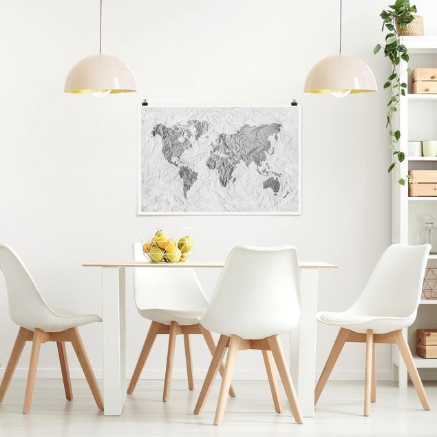Posters världskartor Paper World Map White Grey