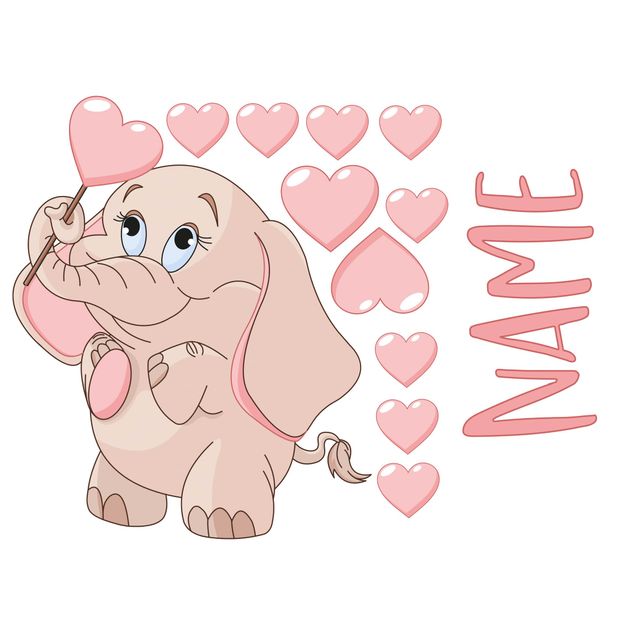 Autocolantes de parede texto personalizado Pink Baby Elephant With Many Hearts