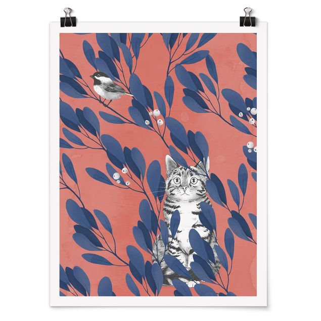 Posters djur Illustration Cat And Bird On Branch Blue Red