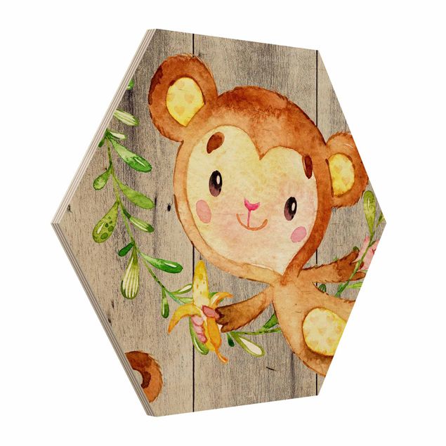 Tavlor djur Watercolor Monkey On Wood