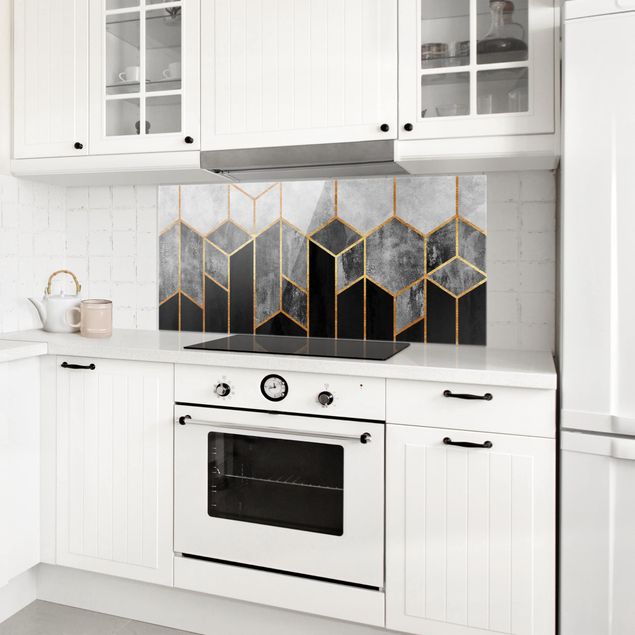 stänkskydd kök glas mönster Golden Hexagons Black And White
