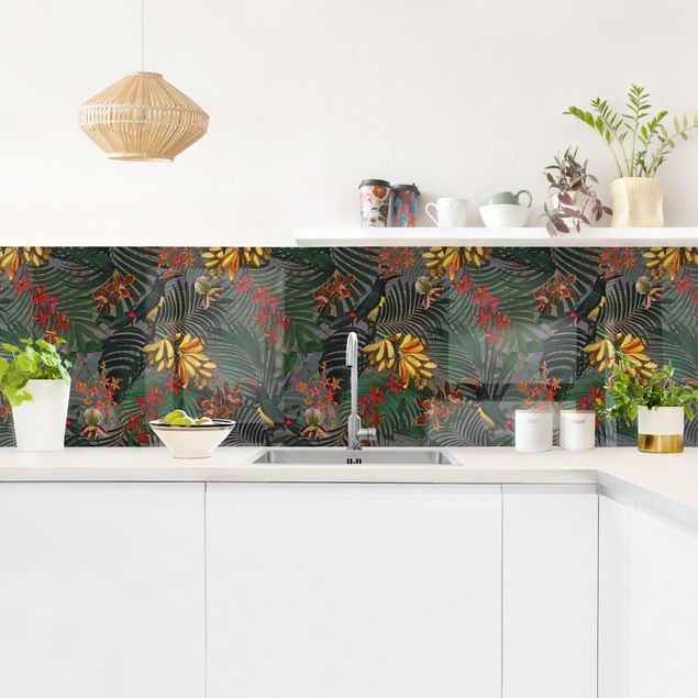 Självhäftande stänkskydd kök blommor  Tropical Ferns With Tucan Green