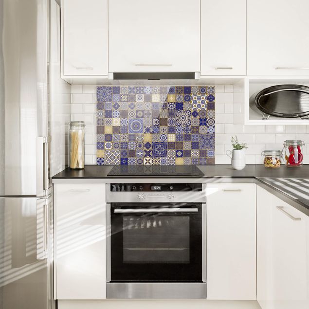 stänkskydd kök glas mönster Oriental Tiles Blue With Golden Shimmer
