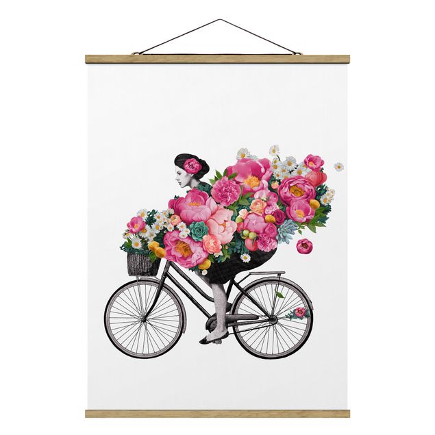Tavlor konstutskrifter Illustration Woman On Bicycle Collage Colourful Flowers