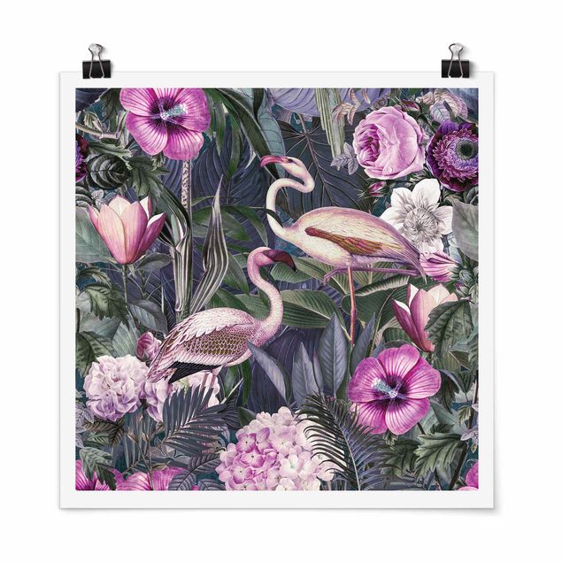 Tavlor blommor Colourful Collage - Pink Flamingos In The Jungle
