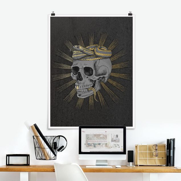 Posters konstutskrifter Illustration Skull And Snake Black Gold