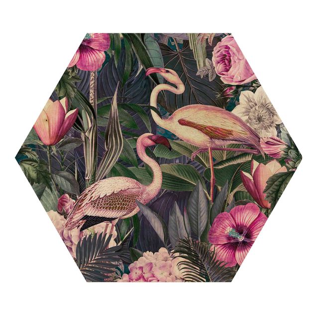 Tavlor blommor  Colorful Collage - Pink Flamingos In The Jungle