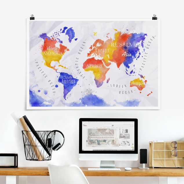 Kök dekoration World Map Watercolour Purple Red Yellow
