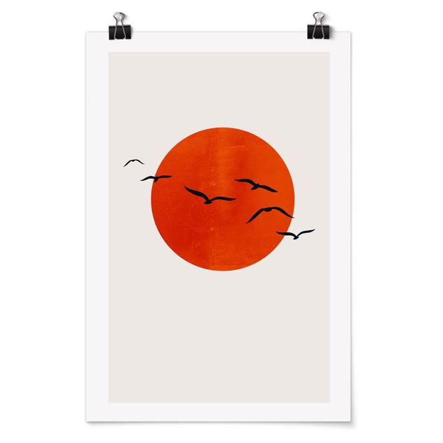 Posters landskap Flock Of Birds In Front Of Red Sun I