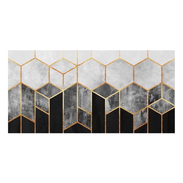 glasskiva kök Golden Hexagons Black And White