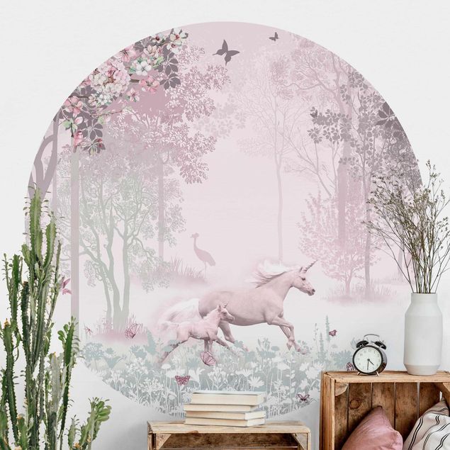 Inredning av barnrum Unicorn On Flowering Meadow In Pink
