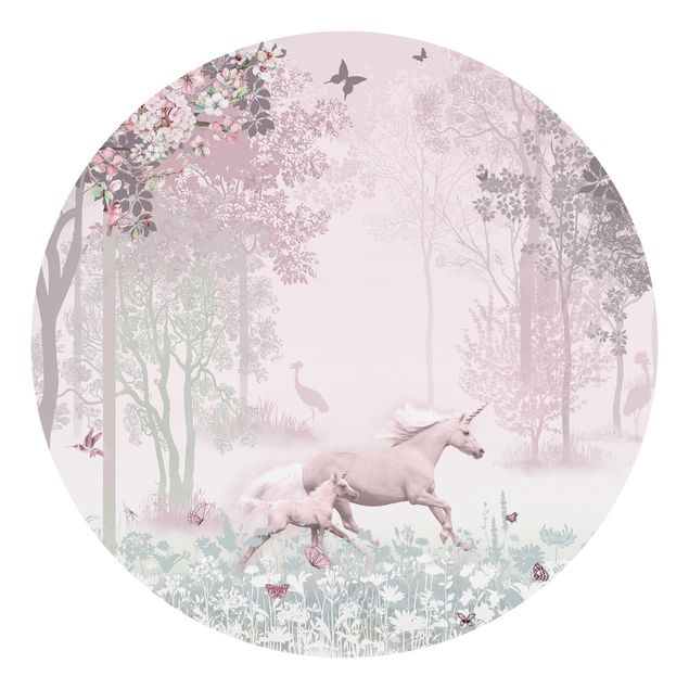 Fototapeter rosa Unicorn On Flowering Meadow In Pink