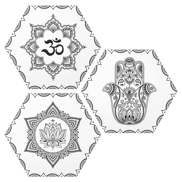 Tavlor andlig Hamsa Hand Lotus OM Illustration Set Black And White