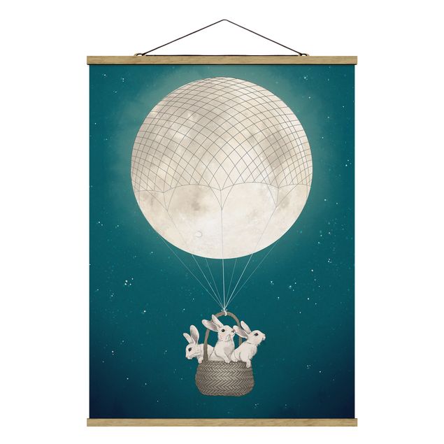Tavlor djur Illustration Rabbits Moon As Hot-Air Balloon Starry Sky