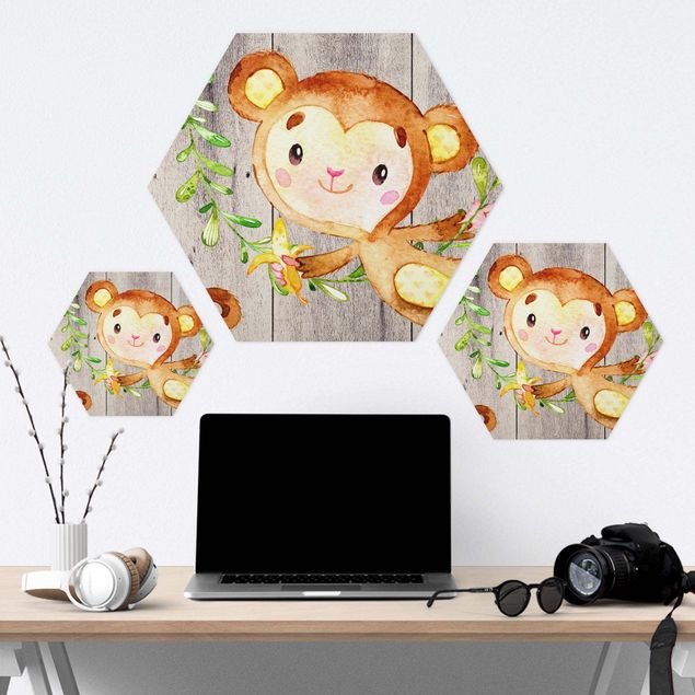 Hexagon Bild Forex - Aquarell Affe auf Holz