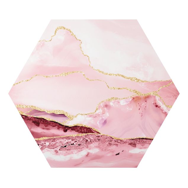 Tavlor abstrakt Abstract Mountains Pink With Golden Lines