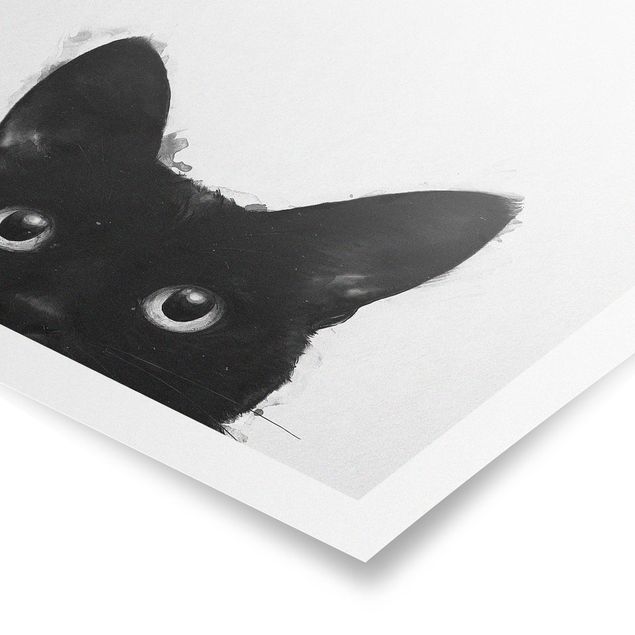 Posters djur Illustration Black Cat On White Painting