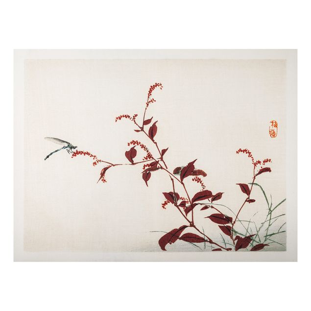 Tavlor blommor Asian Vintage Drawing Red Branch With Dragonfly