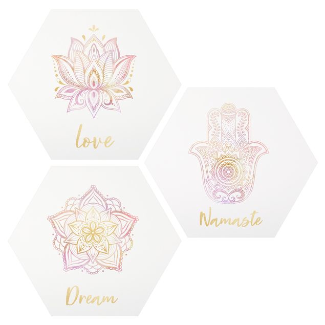 Tavlor andlig Mandala Namaste Lotus Set Gold Light Pink