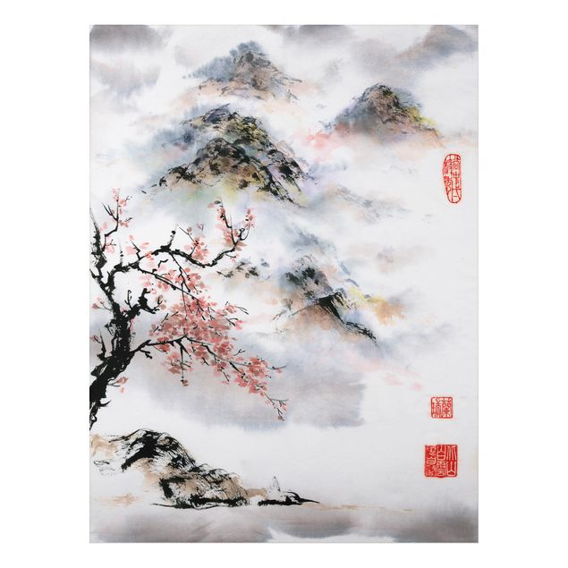 Tavlor träd Japanese Watercolour Drawing Cherry Tree And Mountains