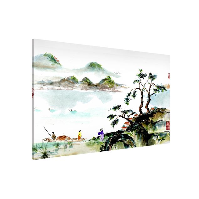 Kök dekoration Japanese Watercolour Drawing Lake And Mountains