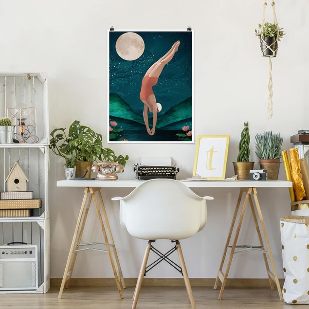 Tavlor konstutskrifter Illustration Bather Woman Moon Painting