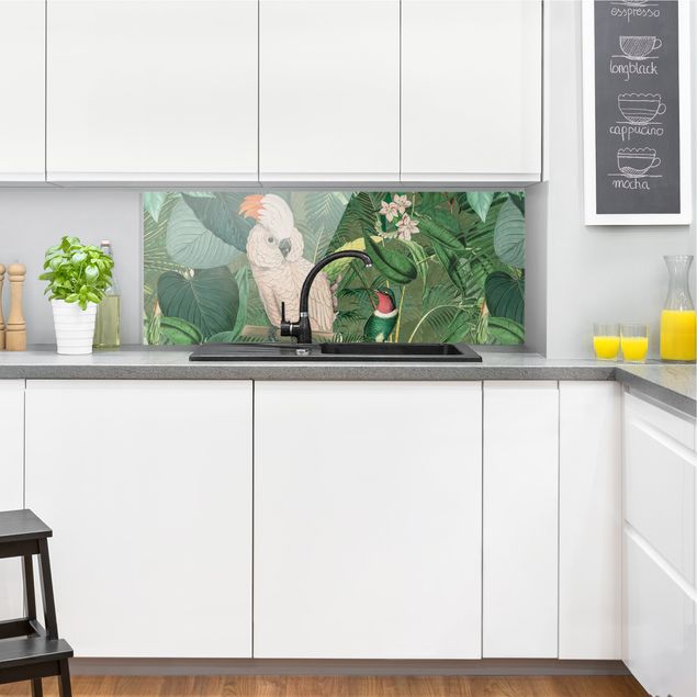 Stänkskydd kök glas blommor  Vintage Collage - Cockatoo And Hummingbird
