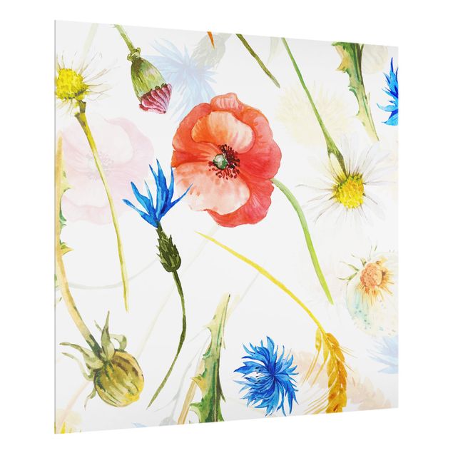 Stänkskydd kök glas mönster Watercolour Wild Flowers With Poppies