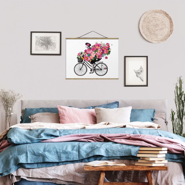 Tavlor blommor Illustration Woman On Bicycle Collage Colourful Flowers