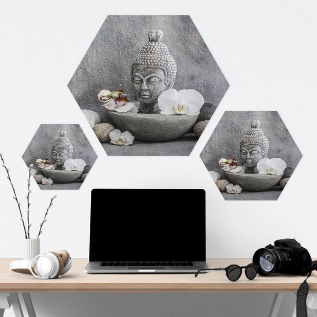Hexagonala tavlor Zen Buddha, Orchids And Stones