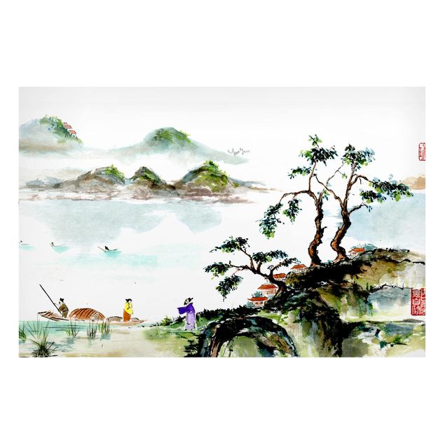 Tavlor bergen Japanese Watercolour Drawing Lake And Mountains