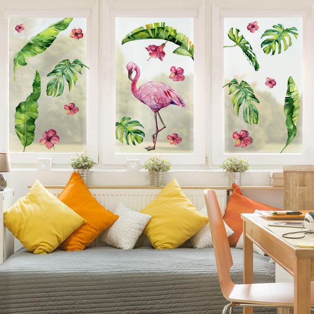 Fönsterdekaler blommor  Jungle Flamingo Leaves Set