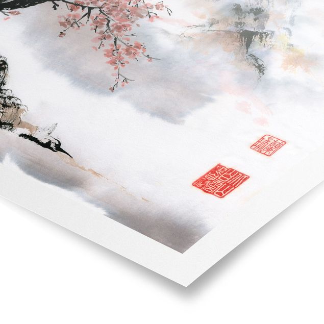 Posters blommor  Japanese Watercolour Drawing Cherry Tree And Mountains