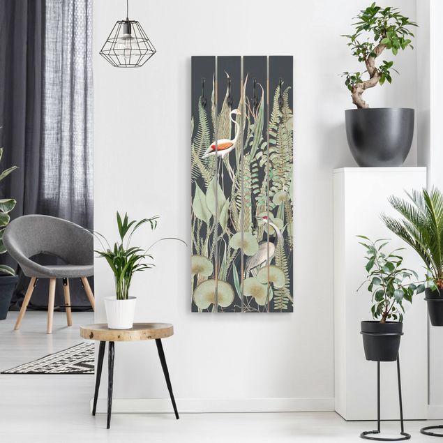 Klädhängare vägg lantlig Flamingo And Stork With Plants On Green