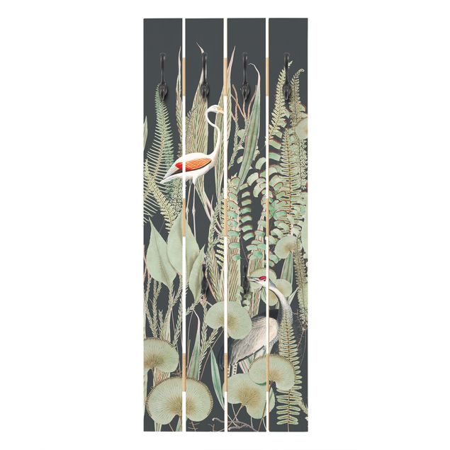 Klädhängare vägg grön Flamingo And Stork With Plants On Green
