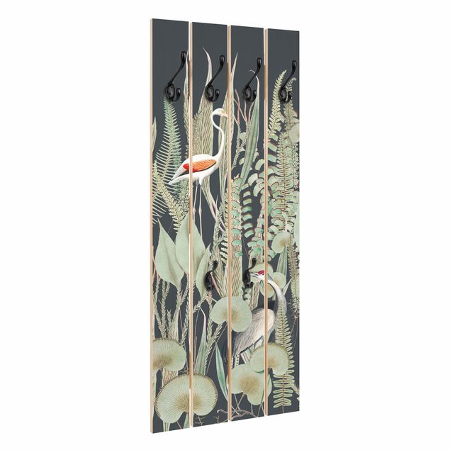 Klädhängare vägg Flamingo And Stork With Plants On Green