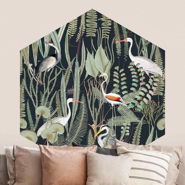 Kök dekoration Flamingos And Storks With Plants On Green
