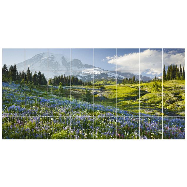 Kakel klistermärken blå Mountain Meadow With Blue Flowers in Front of Mt. Rainier