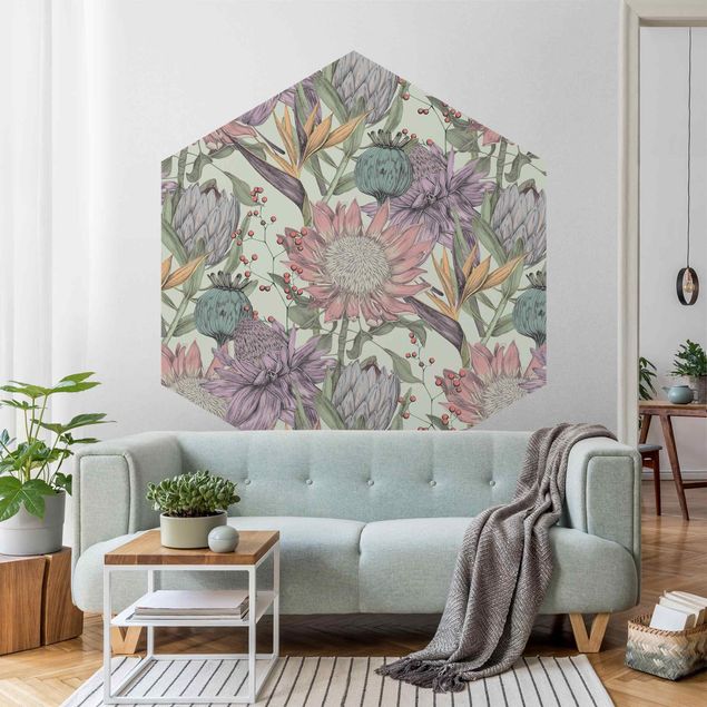 Tapeter lantlig Floral Elegance In Pastel On Mint Backdrop XXL