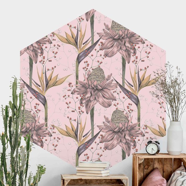 Kök dekoration Floral Elegance Vintage Strelitzia On Pink Backdrop XXL